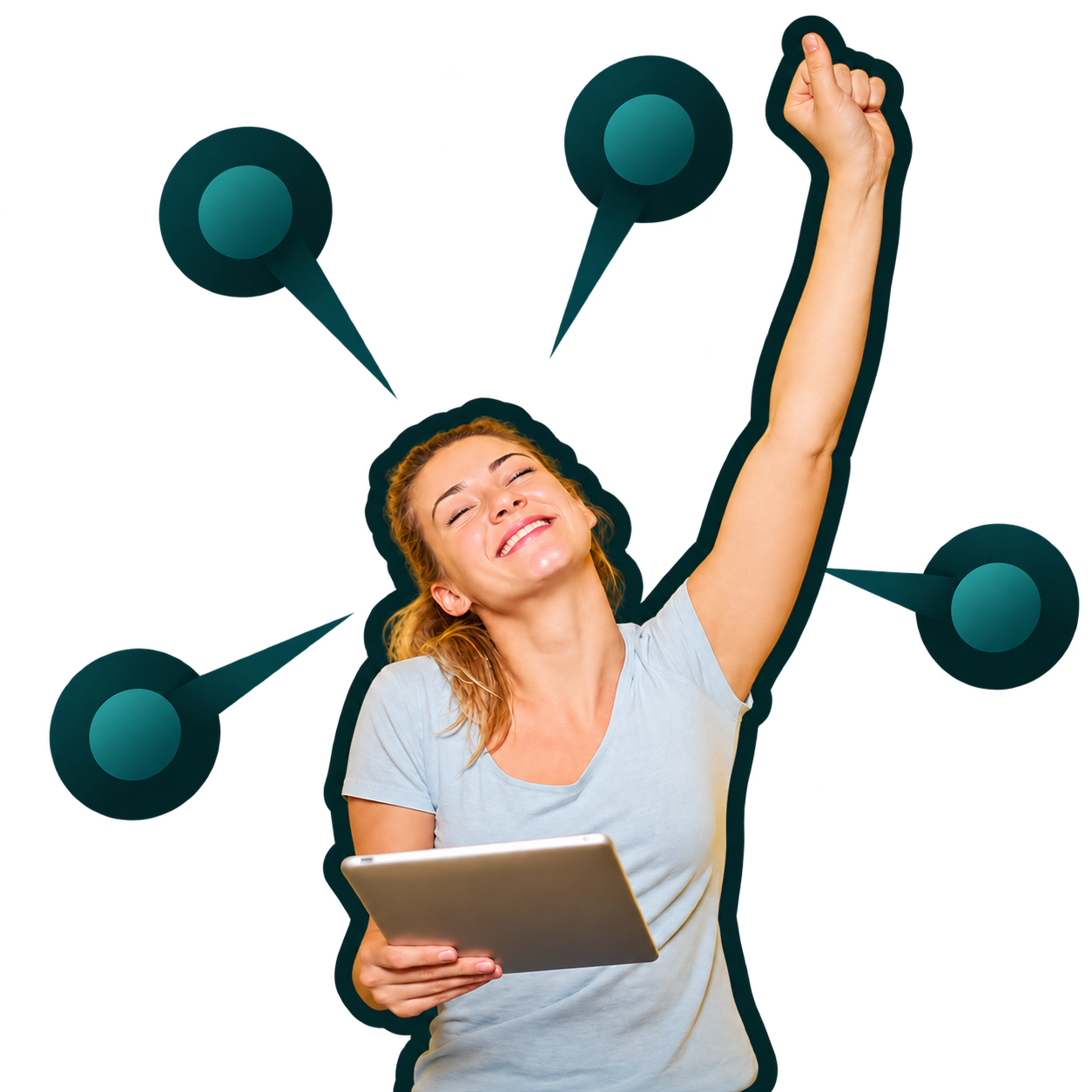 Cheerful Woman with Teal Network Markers